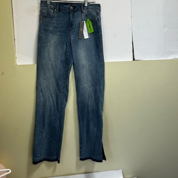 Tractr NEW High Waist Flare Side Slits Stretch Straight Raw Blue Zip Fly Retro 8 - Picture 2 of 16